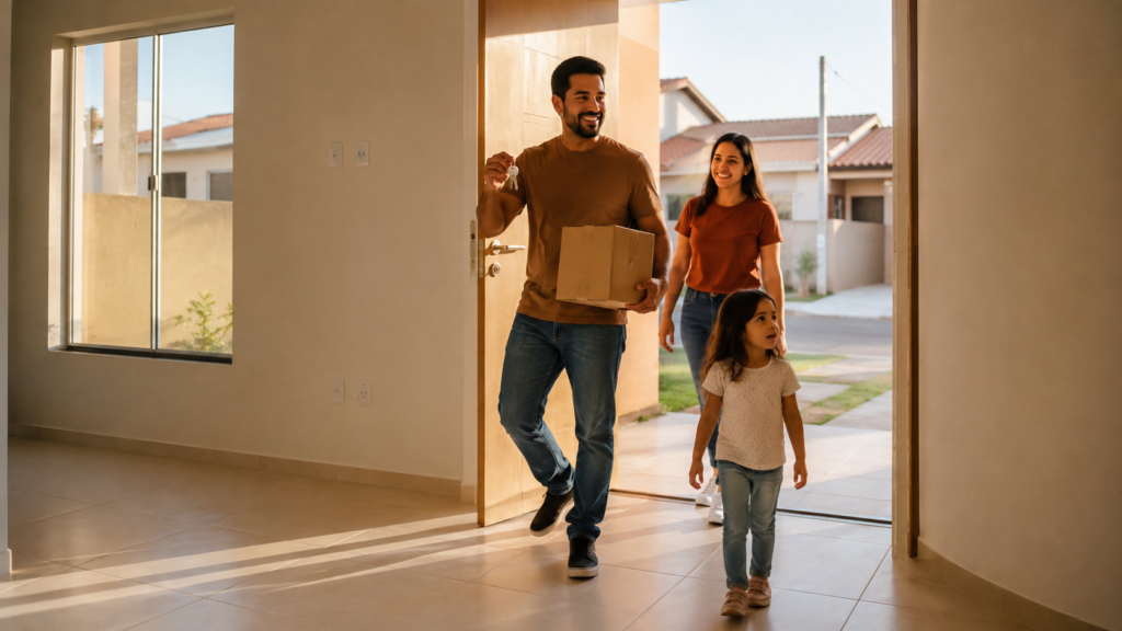 Família entrando pela primeira vez na nova casa.