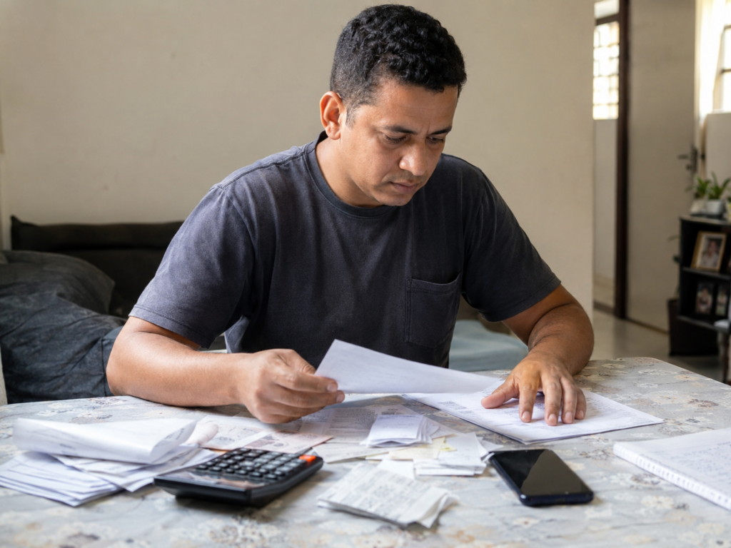 Autônomo organiza documentos e comprovantes de renda para financiar a casa própria.