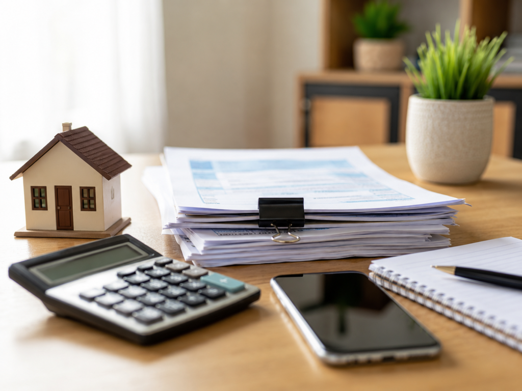 Documentos e calculadora representam a comprovação de renda do autônomo para comprar uma casa.