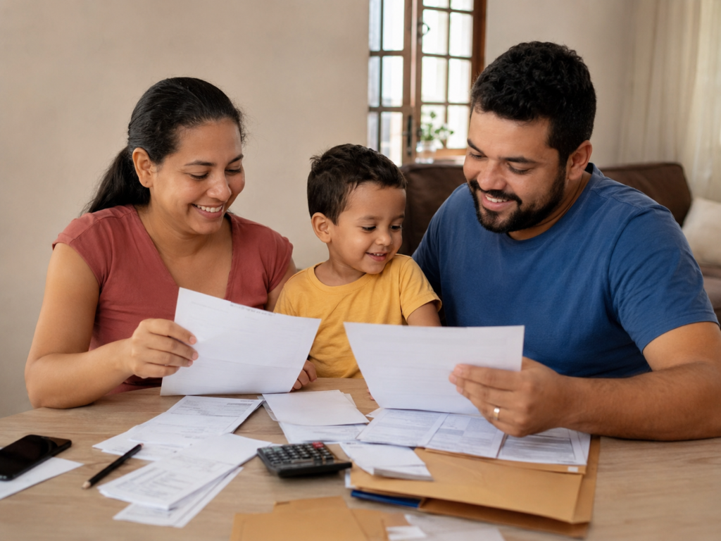 Família separa documentos para comprovar renda autônoma no financiamento da casa.