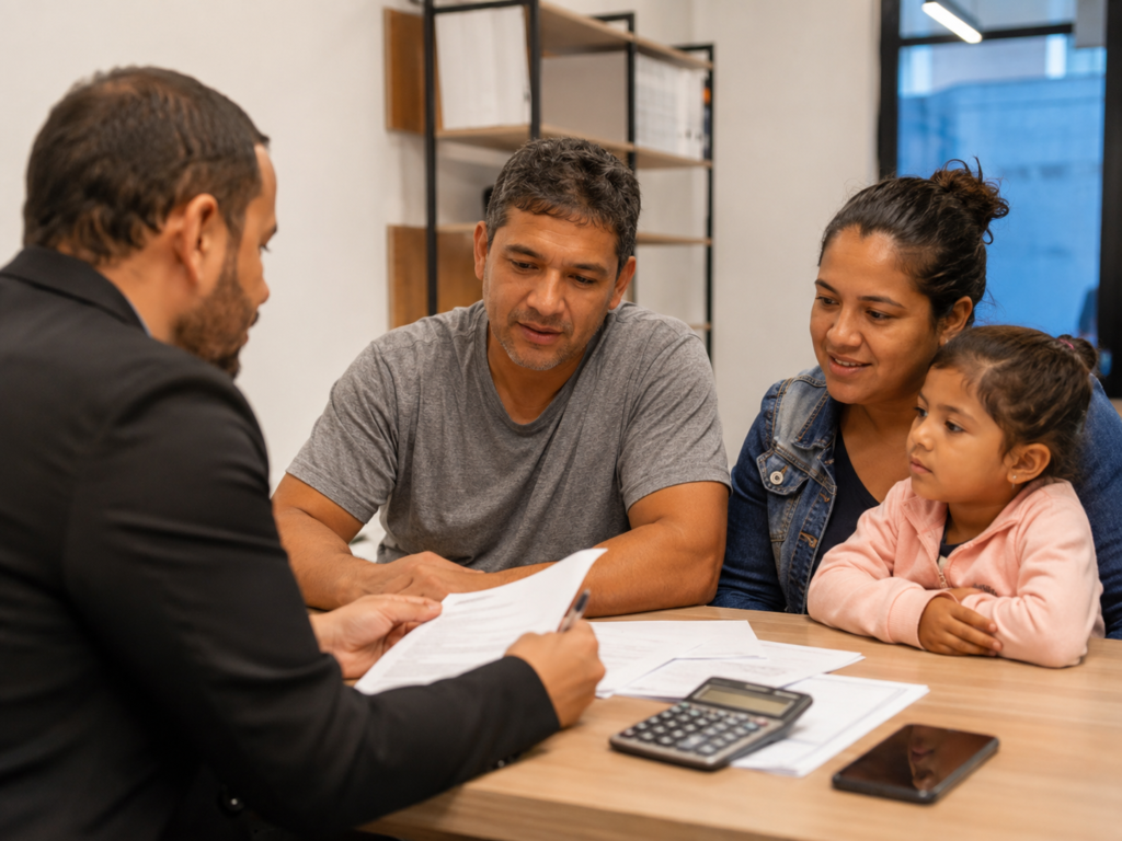 Família recebe orientação sobre comprovação de renda autônoma para financiamento imobiliário.