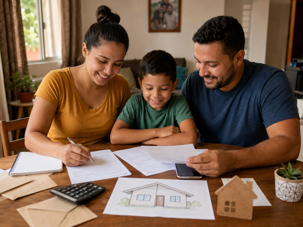 Família organiza contas e documentos para se preparar para financiar a casa própria.