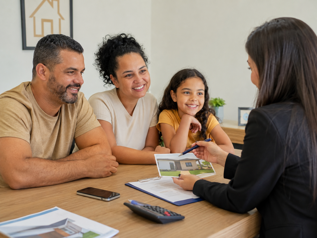 Família recebe orientação sobre financiamento imobiliário e análise de crédito.