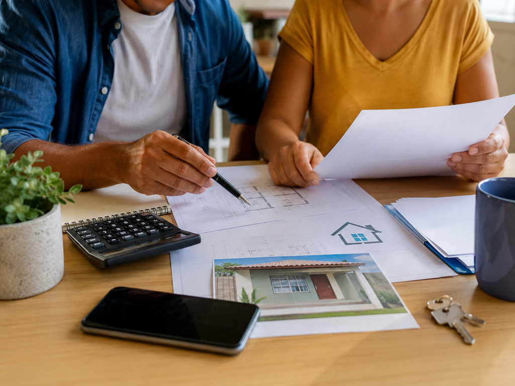 Documentos e calculadora representam o planejamento para financiar a casa própria.