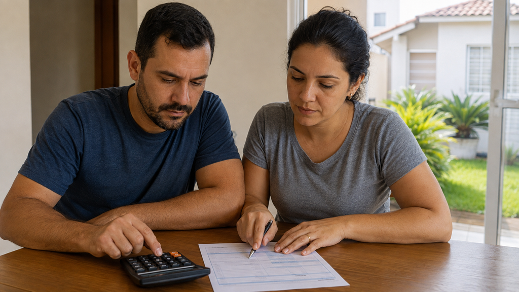 Família analisa documentos e calcula as despesas do IPTU em casa.