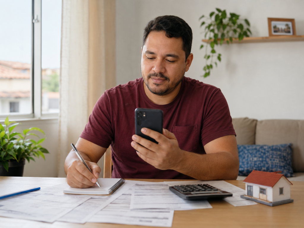Pessoa consulta saldo do FGTS no celular para planejar a compra da casa própria.