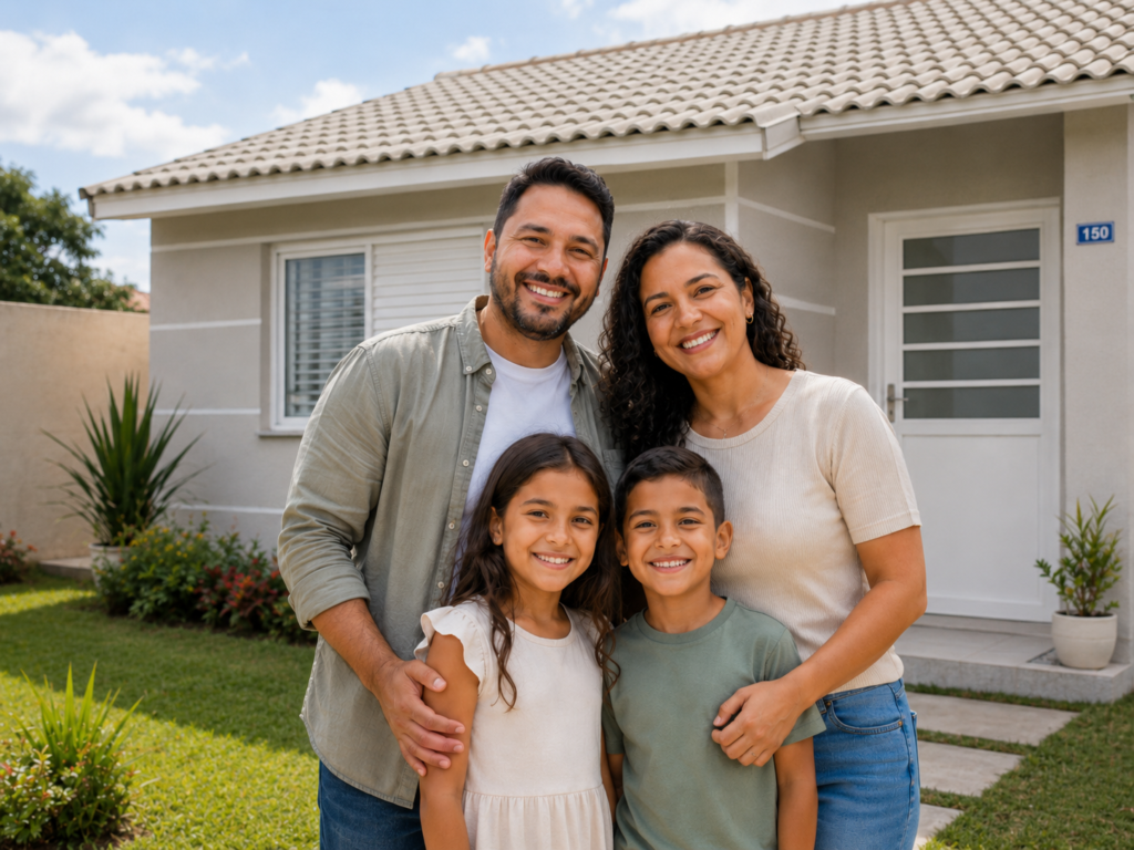 Família em frente à casa própria após planejar o uso do FGTS no financiamento.