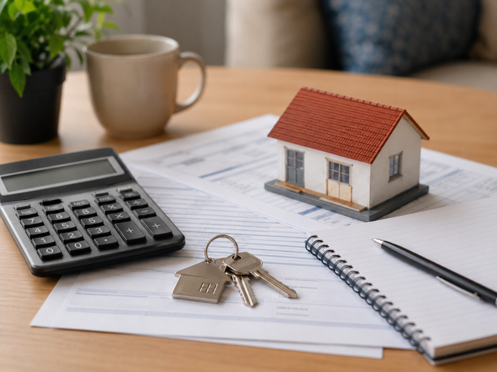 Calculadora, documentos e chave representam o planejamento para usar o FGTS na compra do imóvel.