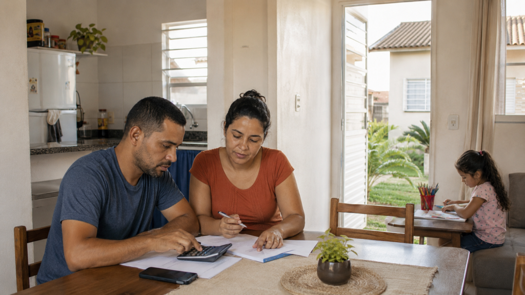 Casal organiza o orçamento e os documentos da compra da casa.