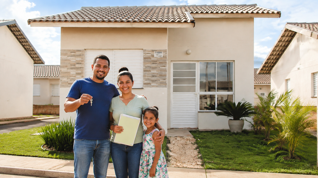 Família em frente à primeira casa própria.