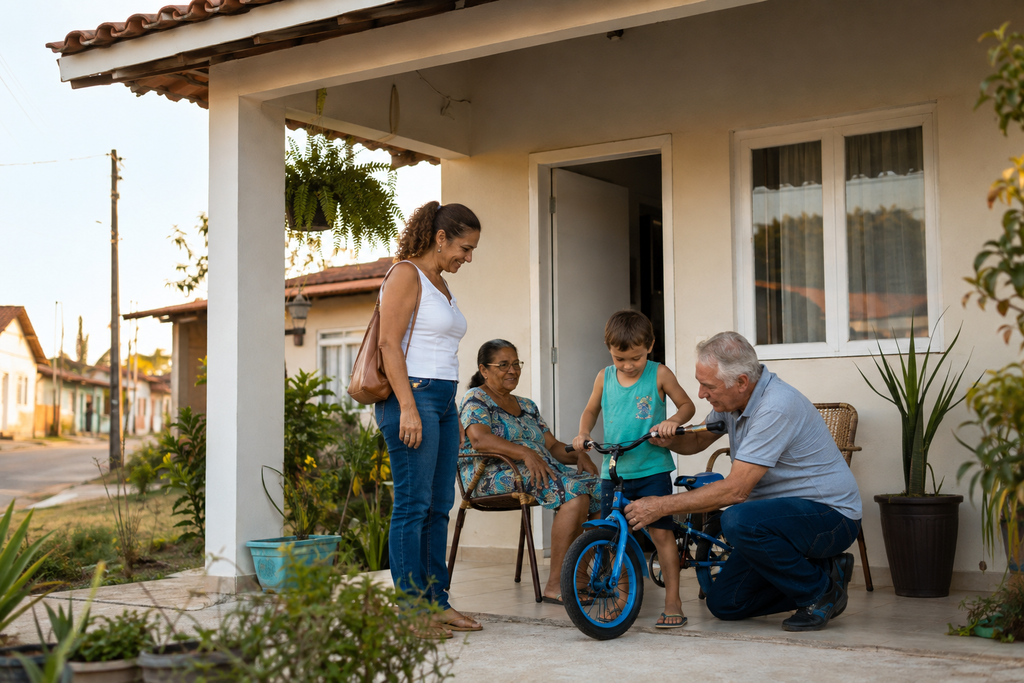 Família de diferentes gerações aproveita a varanda de uma casa térrea.