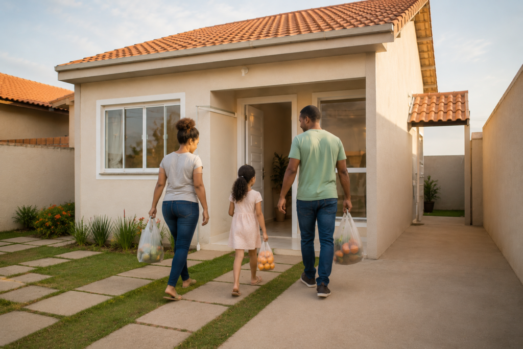 Família chega à casa térrea após fazer compras.