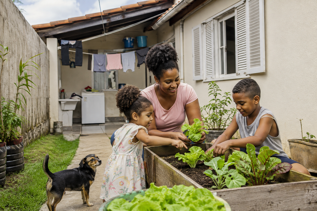 Mãe e filhos cultivam uma pequena horta no quintal de casa.
