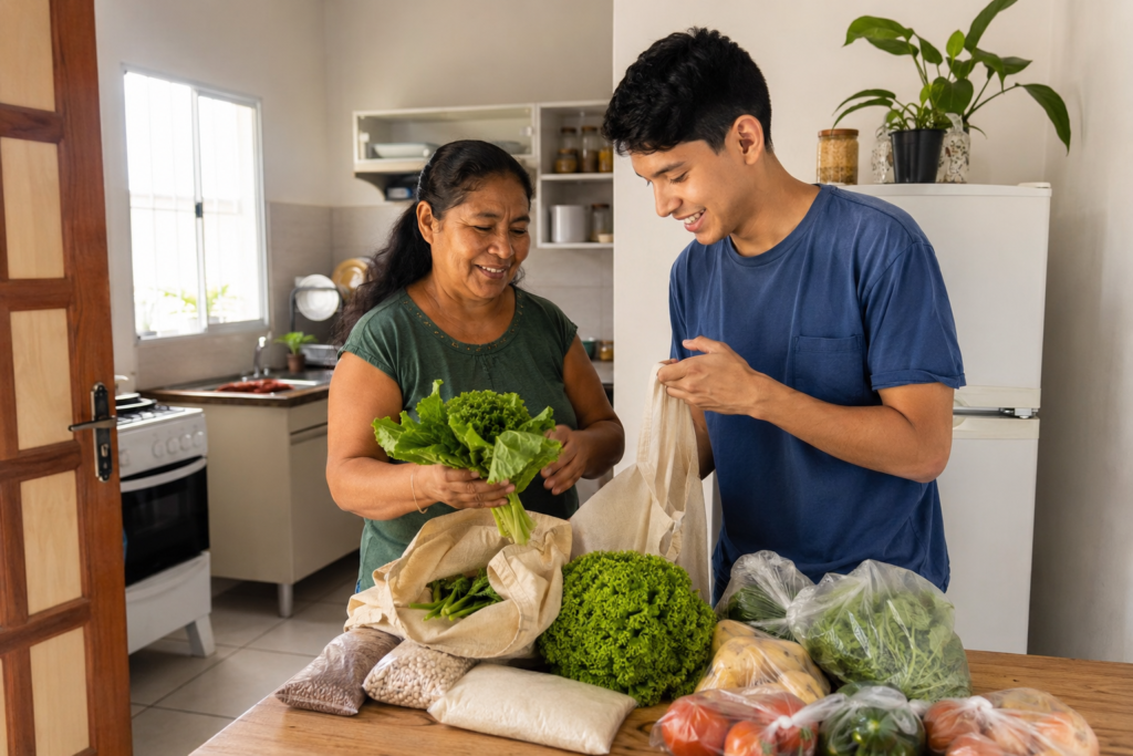 Mãe e filho organizam os alimentos para evitar desperdícios.