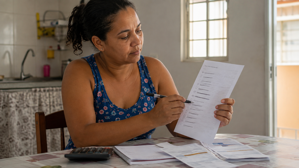 Mulher revisa uma lista para economizar nos gastos de casa.