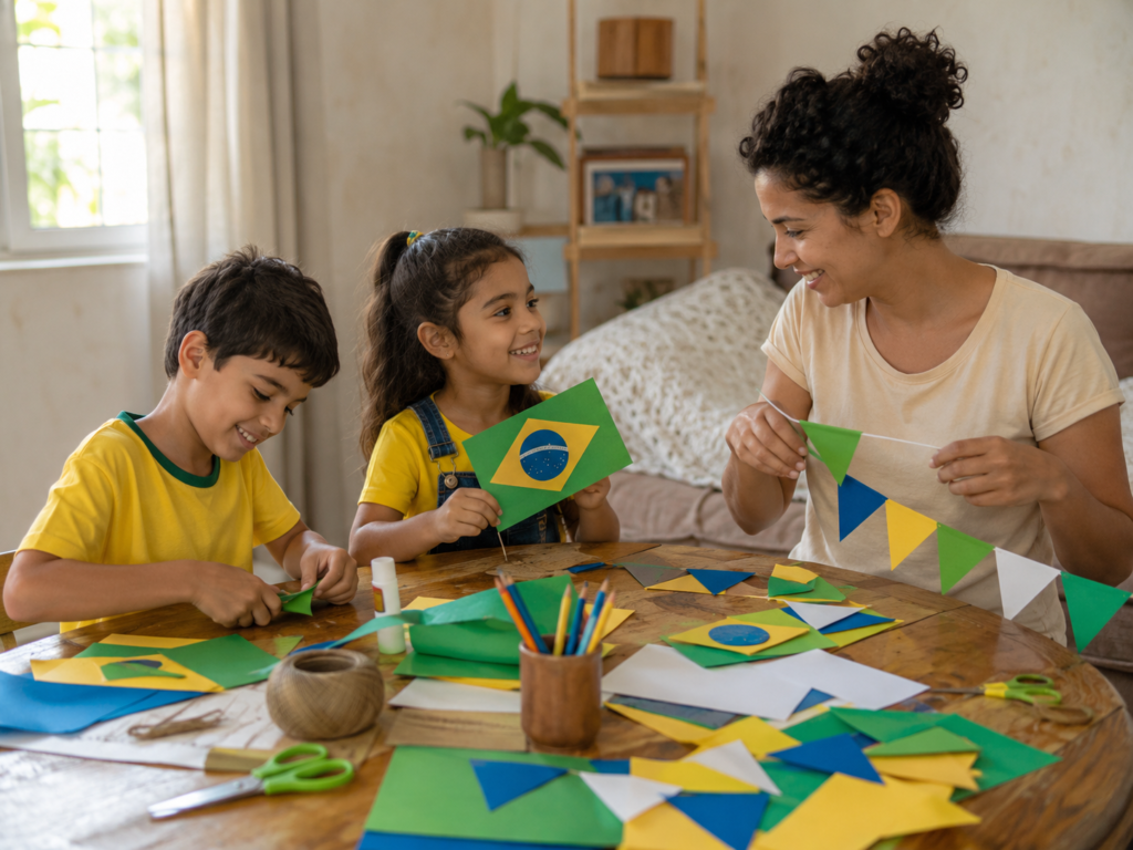 Crianças fazendo bandeirinhas e enfeites em família para decorar a casa para a Copa do Mundo 2026.