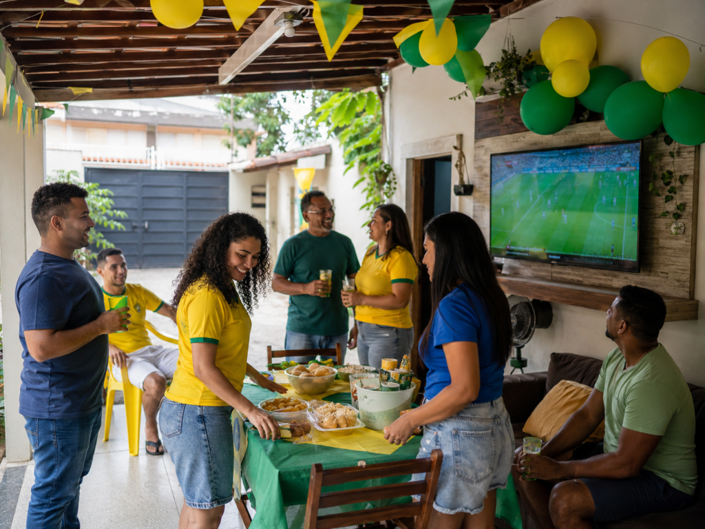 Amigos reunidos em área coberta decorada em verde e amarelo para assistir aos jogos da Copa do Mundo.