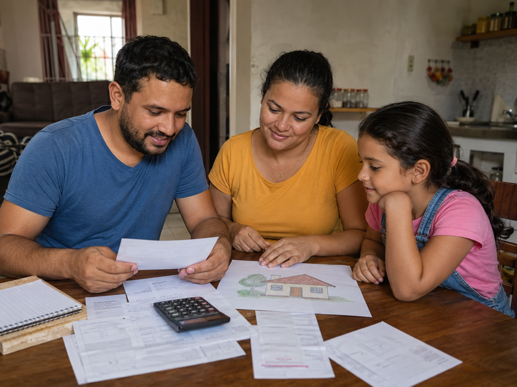 Família organiza contas e documentos para se preparar para financiar a casa própria.