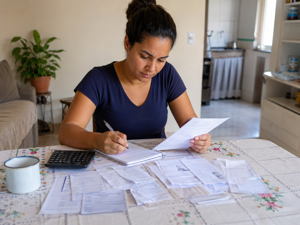 Pessoa analisa contas e calcula dívidas antes de buscar financiamento imobiliário.