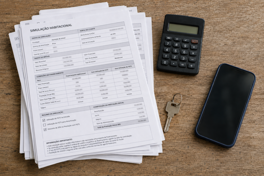 Documentos e calculadora usados no planejamento do imóvel