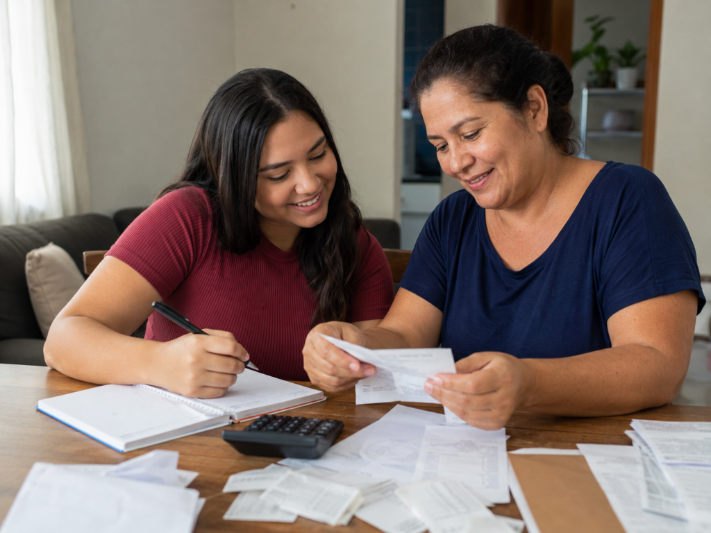 Pessoas da mesma família analisam documentos para compra conjunta de uma casa.