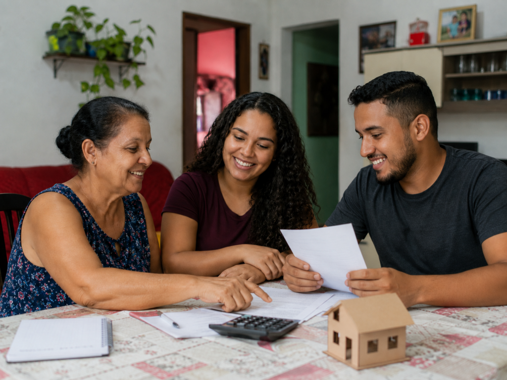 Família organiza documentos em casa para compor renda no financiamento da casa própria.
