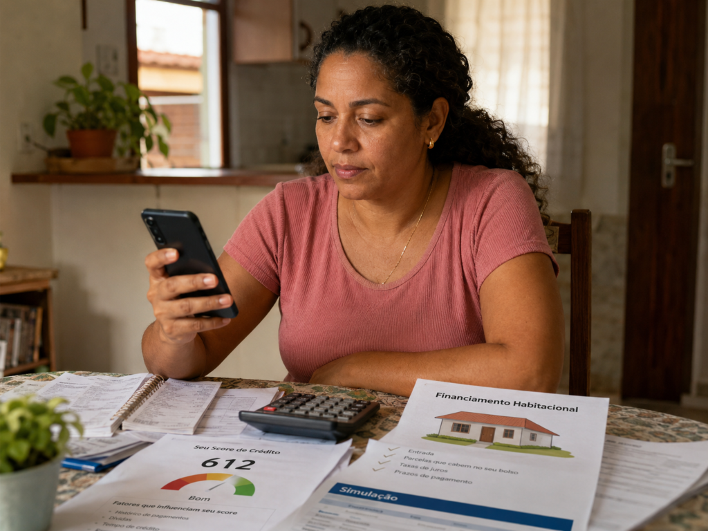 Mulher consulta score de crédito no celular para se preparar para o financiamento da casa própria.