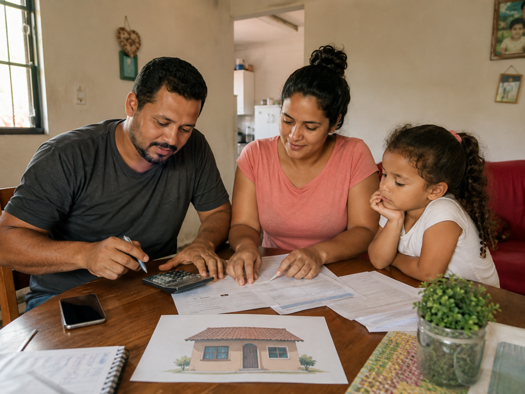 Família organiza contas e documentos para melhorar o planejamento antes de financiar a casa própria.