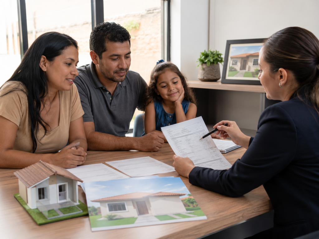 Família recebe orientação sobre análise de crédito para financiamento imobiliário.