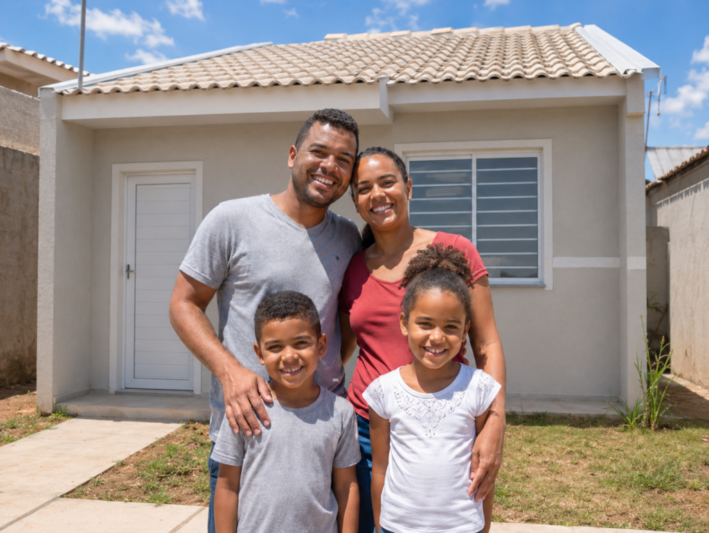 Família em frente à casa própria após planejamento com programas habitacionais.