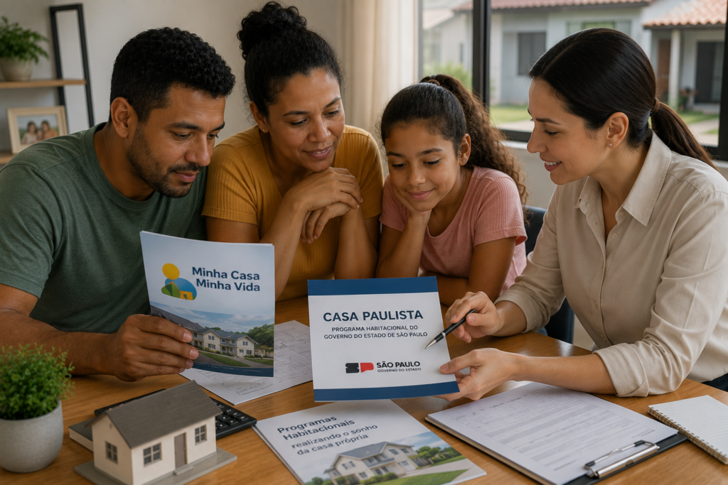 Família consulta informações sobre programas habitacionais para comprar a casa própria.