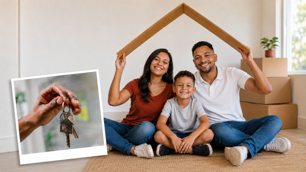 Família sentada em casa nova simboliza o sonho da casa própria com apoio de programas habitacionais.