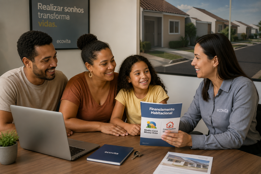 Família recebe orientação sobre Minha Casa Minha Vida e Casa Paulista para financiamento habitacional.