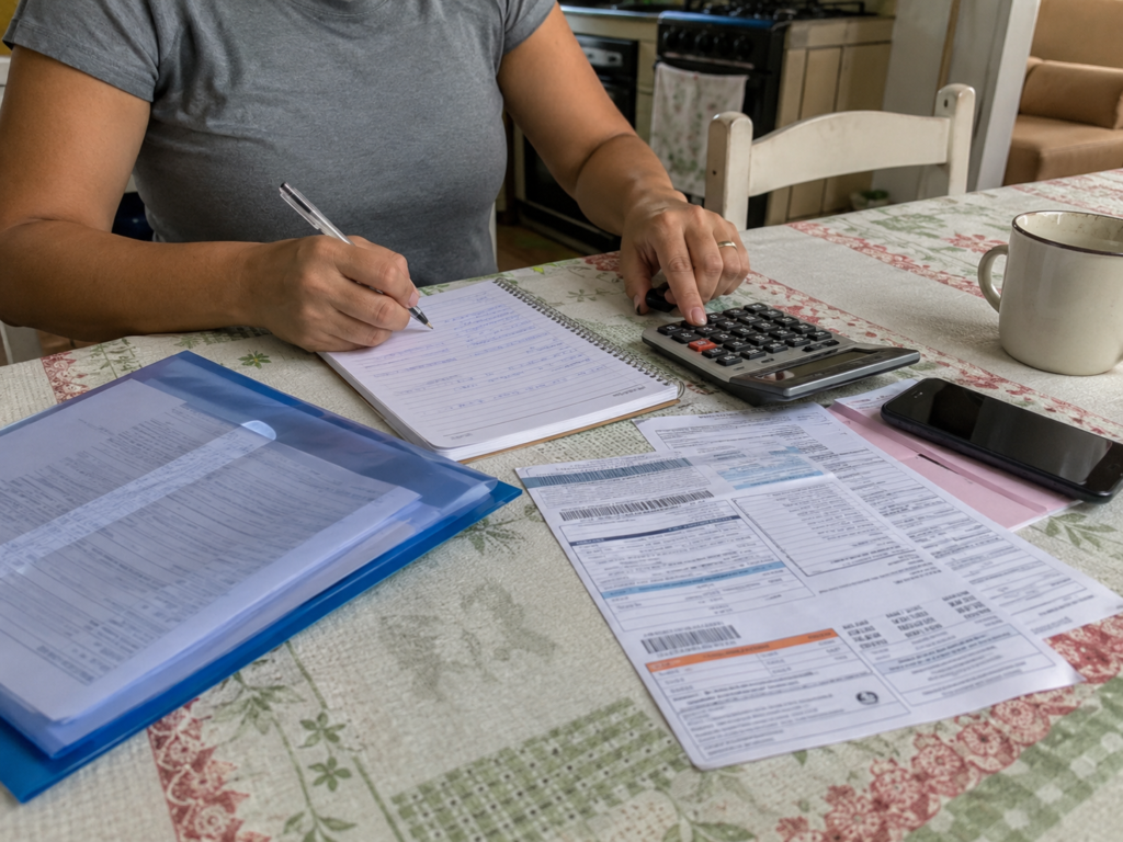 Mulher analisando documentos para compra do imóvel.