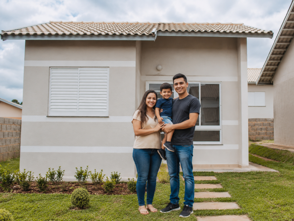 Família em frente a casa própria.