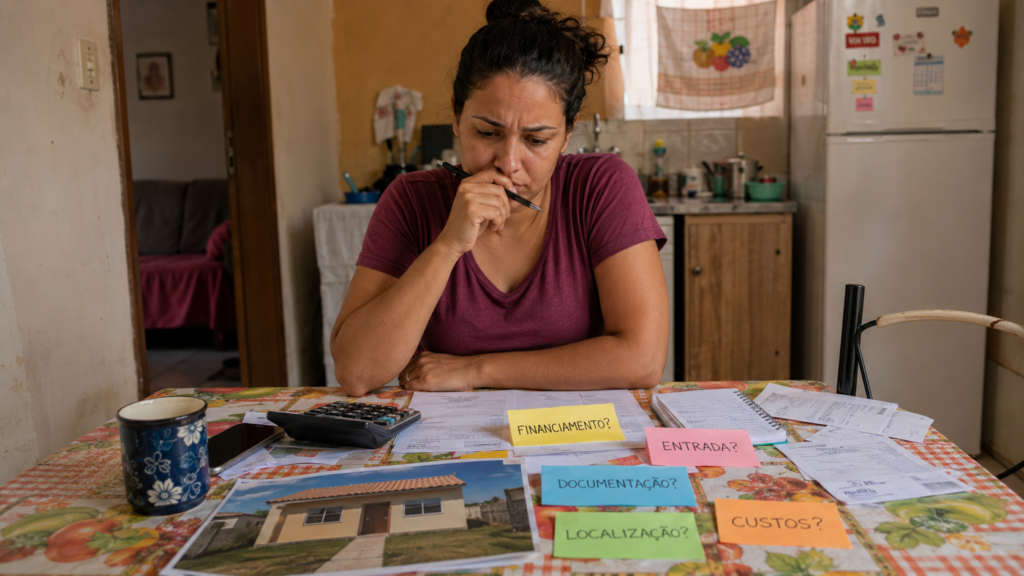 Mulher revisa orçamento antes de comprar um imóvel.