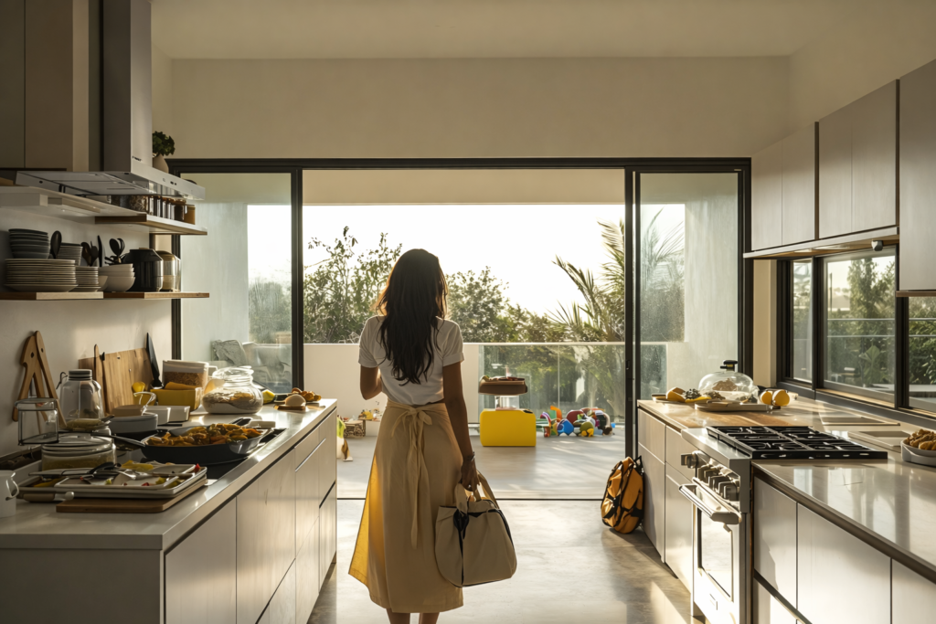 Tendências de moradia brasileira Mulher de costas, parada, em uma cozinha integrada com varanda.