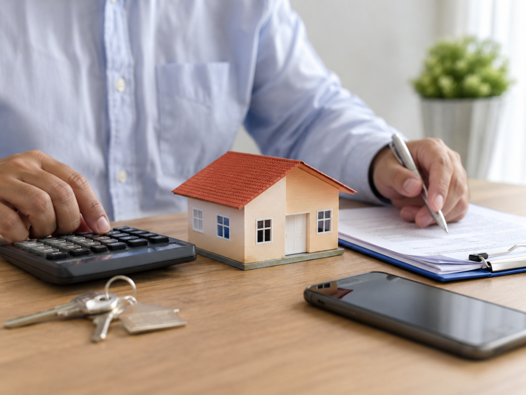Documentos, calculadora e casa em miniatura representam o planejamento do financiamento imobiliário.