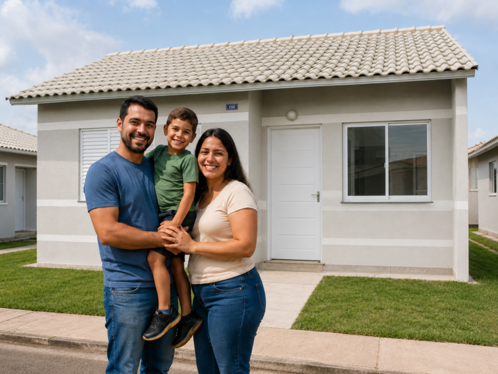 Família em frente à casa própria pelo Minha Casa Minha Vida 2026.
