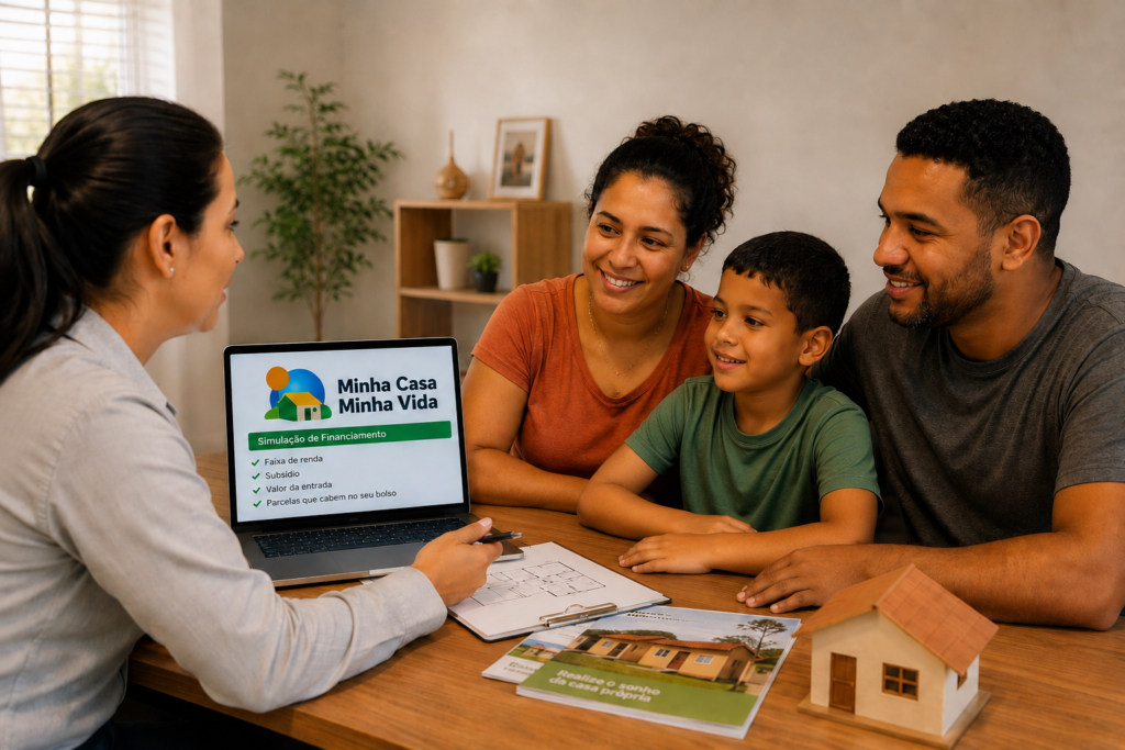 Família recebe orientação para simular financiamento pelo Minha Casa Minha Vida.