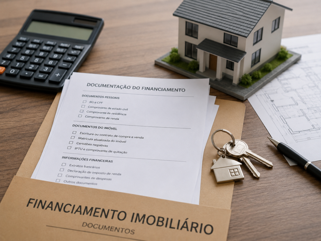 Documentos, chaves e calculadora usados no financiamento imobiliário.
