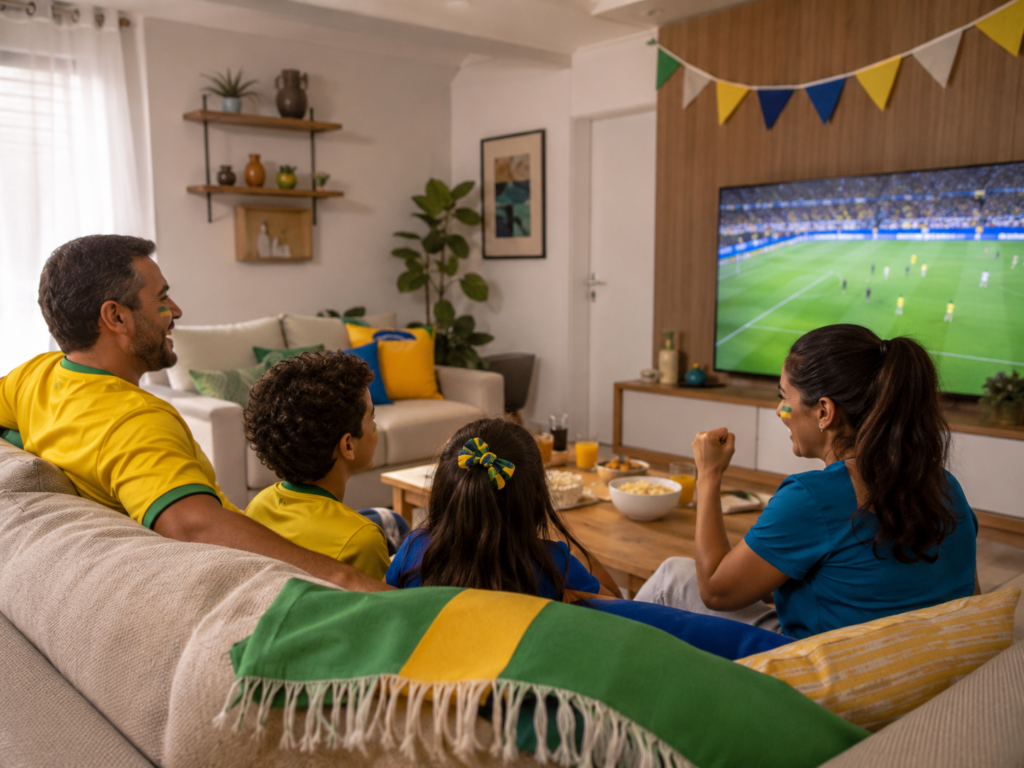 Família reunida na sala com decoração verde e amarela para assistir aos jogos da Copa do Mundo 2026.
