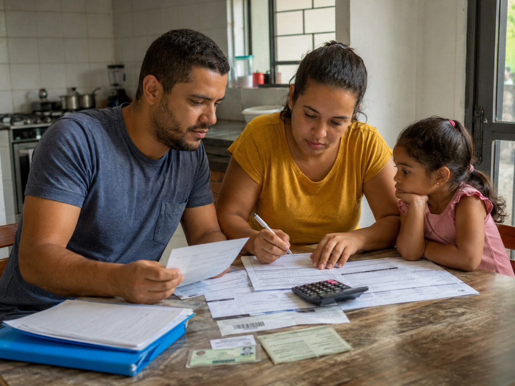 Família organiza documentos para iniciar o financiamento da casa própria.