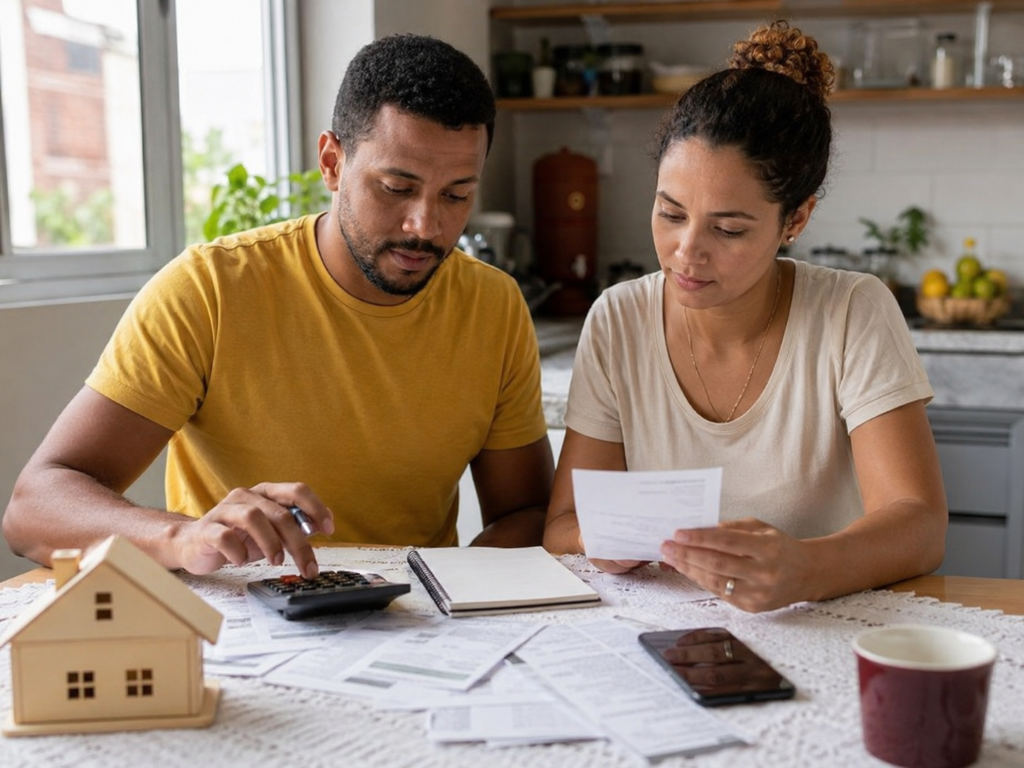 Casal organizando documentos e usando calculadora para planejar o financiamento da casa própria.