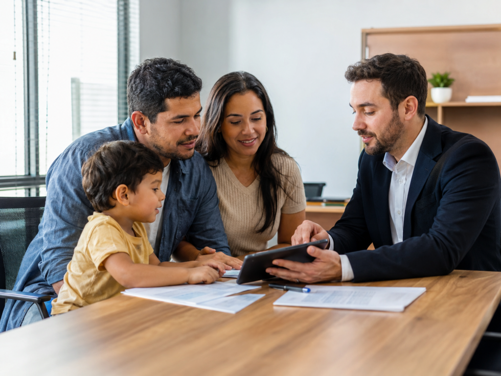 Família recebe orientação sobre simulação de financiamento imobiliário com documentos e tablet sobre a mesa.