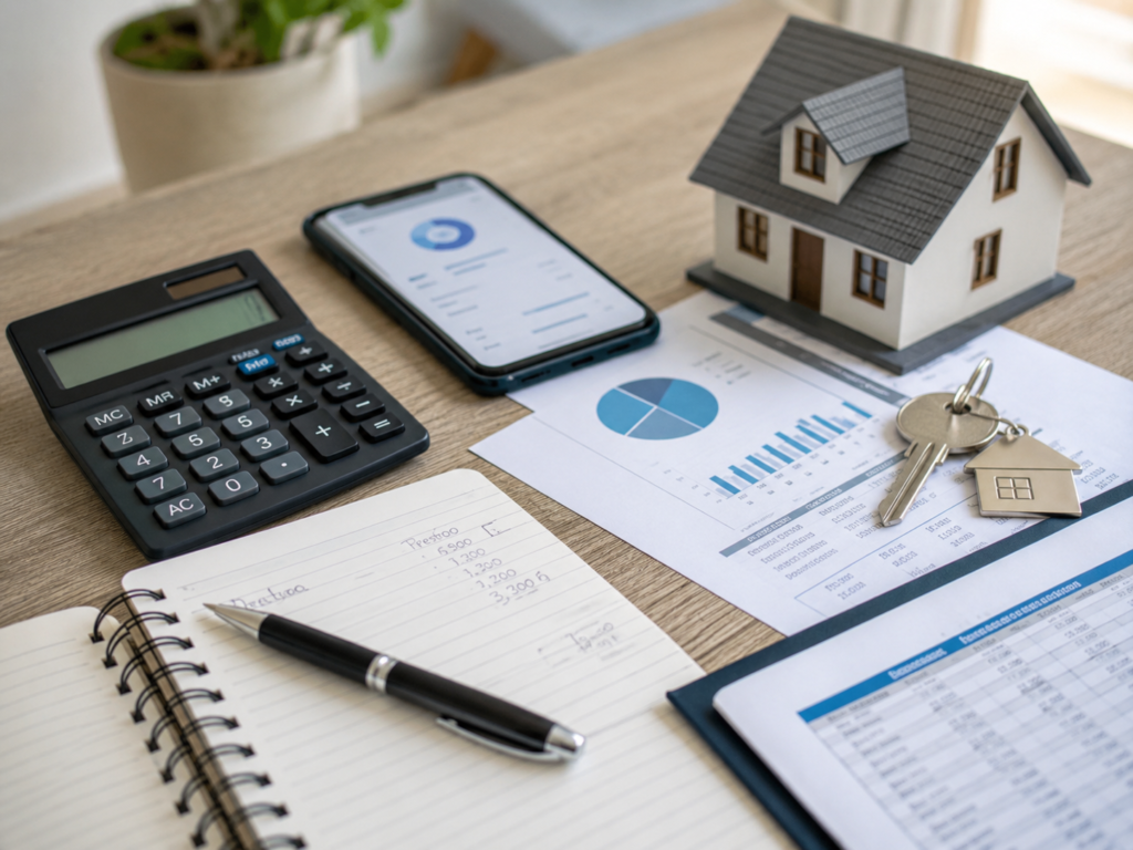 Calculadora, documentos, chaves e casa em miniatura representando a simulação de financiamento imobiliário.