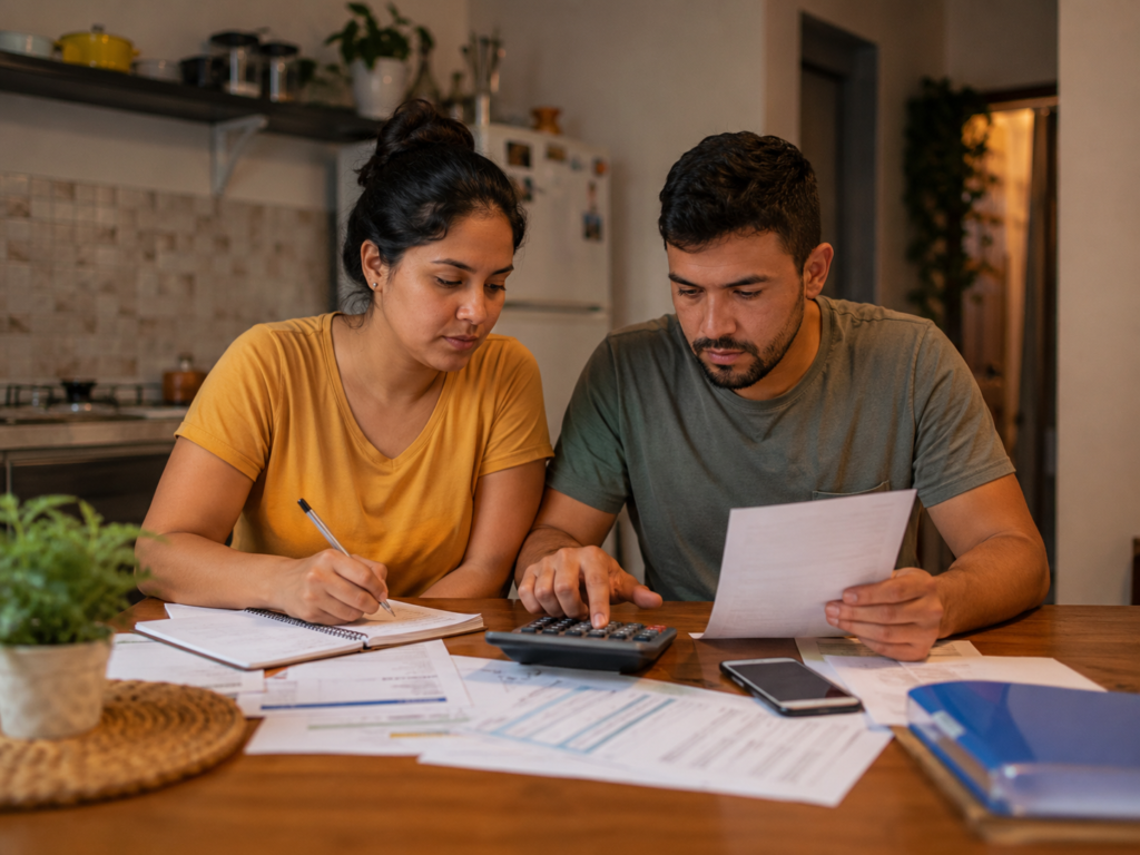 Casal organiza documentos e calcula a entrada para o financiamento da casa própria.