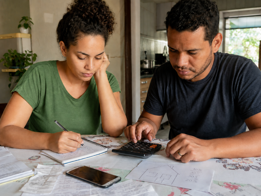 Casal consulta documentos e saldo do FGTS para planejar a entrada do financiamento.