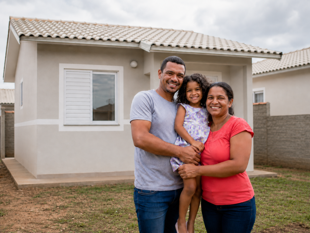 Família em frente à casa própria após planejamento com subsídio habitacional.