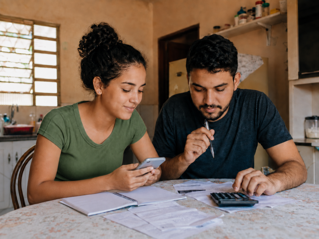 Família organiza documentos e calcula a entrada para financiar a casa própria.